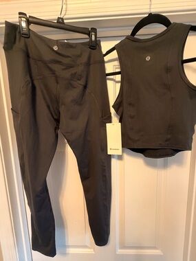 Lululemon Athletica Graphite Grey Leggings with Matching Crop Set Tank Sz 4 NWT